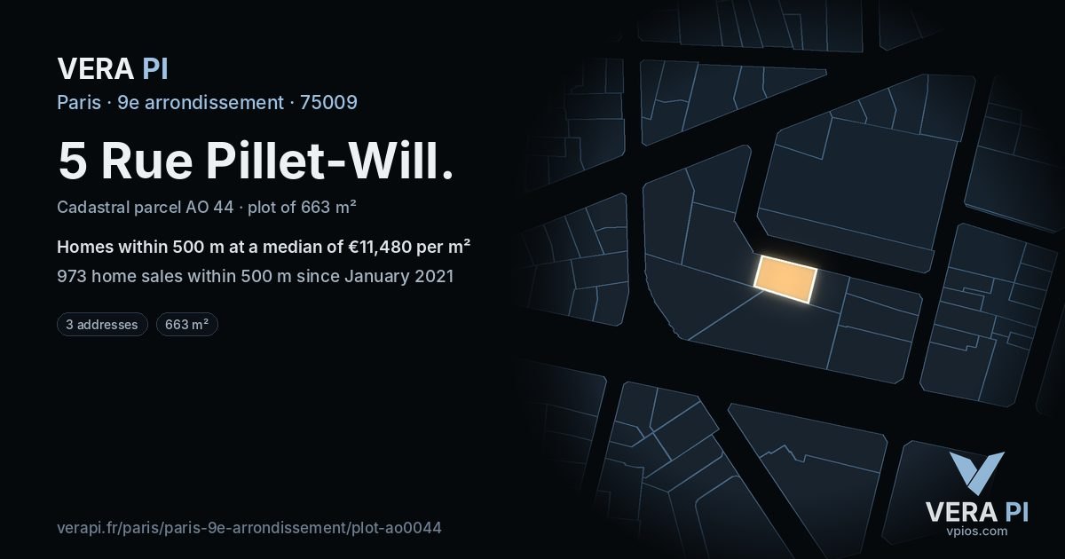 5 Rue Pillet-Will, 9e arrondissement at night – the plot lit, the parcels around coloured by the prices near them