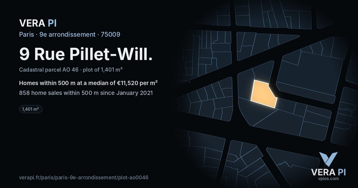 9 Rue Pillet-Will, 9e arrondissement at night – the plot lit, the parcels around coloured by the prices near them