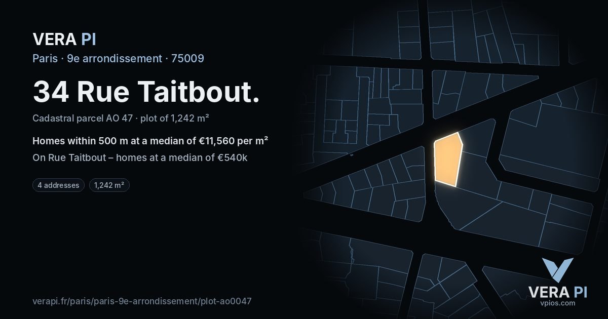 34 Rue Taitbout, 9e arrondissement at night – the plot lit, the parcels around coloured by the prices near them