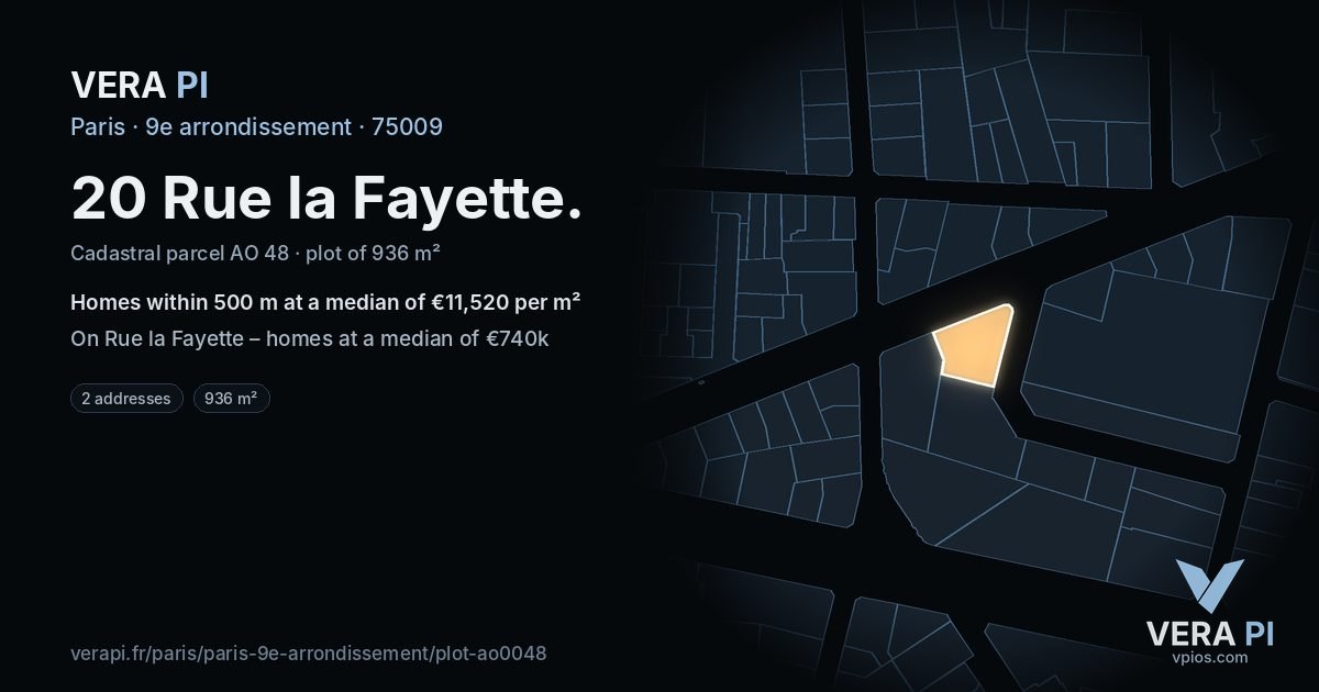 20 Rue la Fayette, 9e arrondissement at night – the plot lit, the parcels around coloured by the prices near them