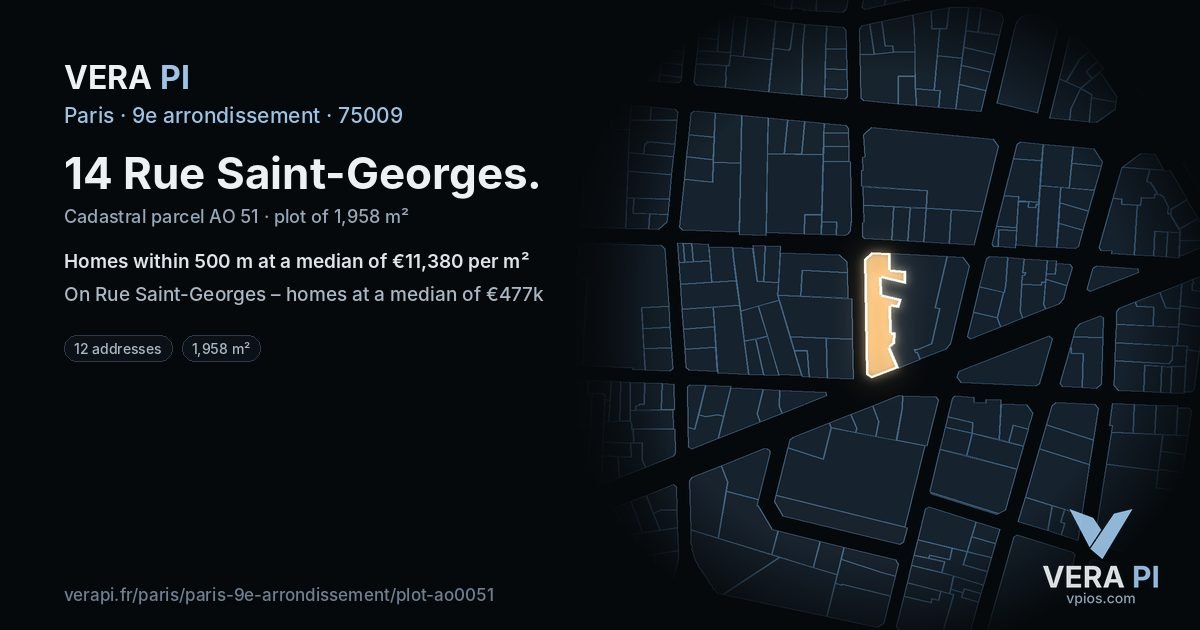 14 Rue Saint-Georges, 9e arrondissement at night – the plot lit, the parcels around coloured by the prices near them