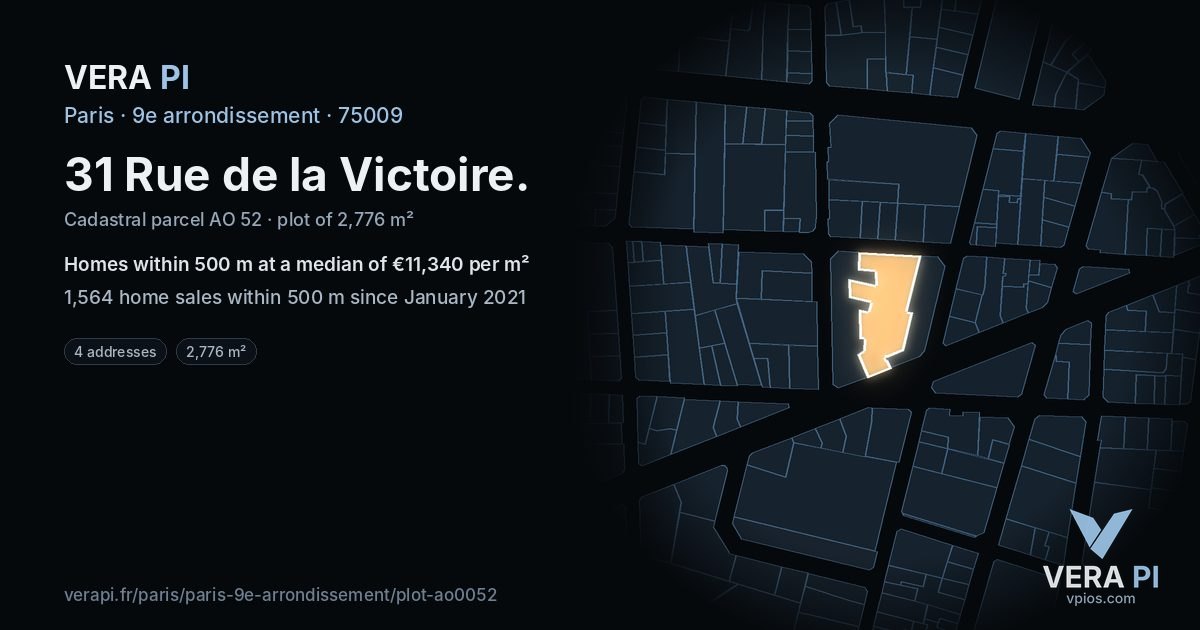 31 Rue de la Victoire, 9e arrondissement at night – the plot lit, the parcels around coloured by the prices near them