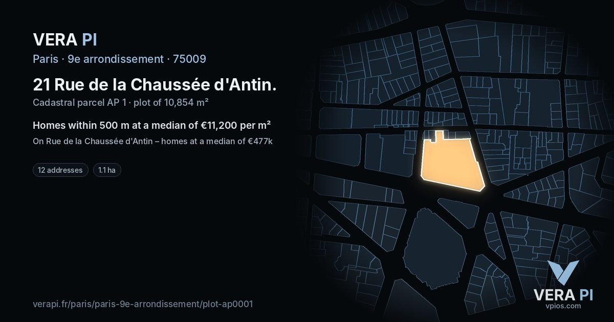 21 Rue de la Chaussée d'Antin, 9e arrondissement at night – the plot lit, the parcels around coloured by the prices near them