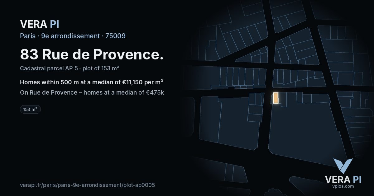 83 Rue de Provence, 9e arrondissement at night – the plot lit, the parcels around coloured by the prices near them
