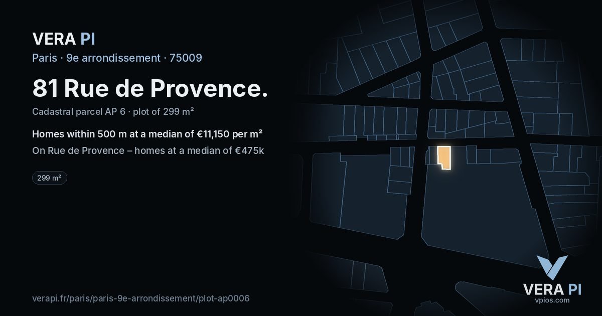 81 Rue de Provence, 9e arrondissement at night – the plot lit, the parcels around coloured by the prices near them