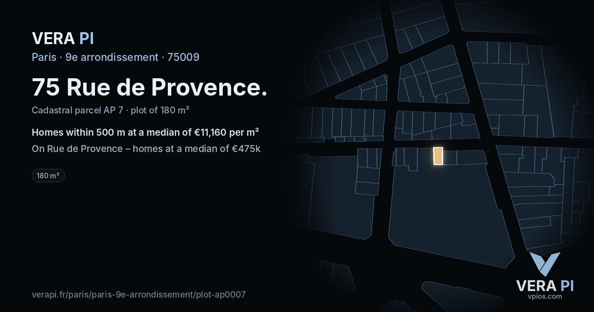75 Rue de Provence, 9e arrondissement at night – the plot lit, the parcels around coloured by the prices near them