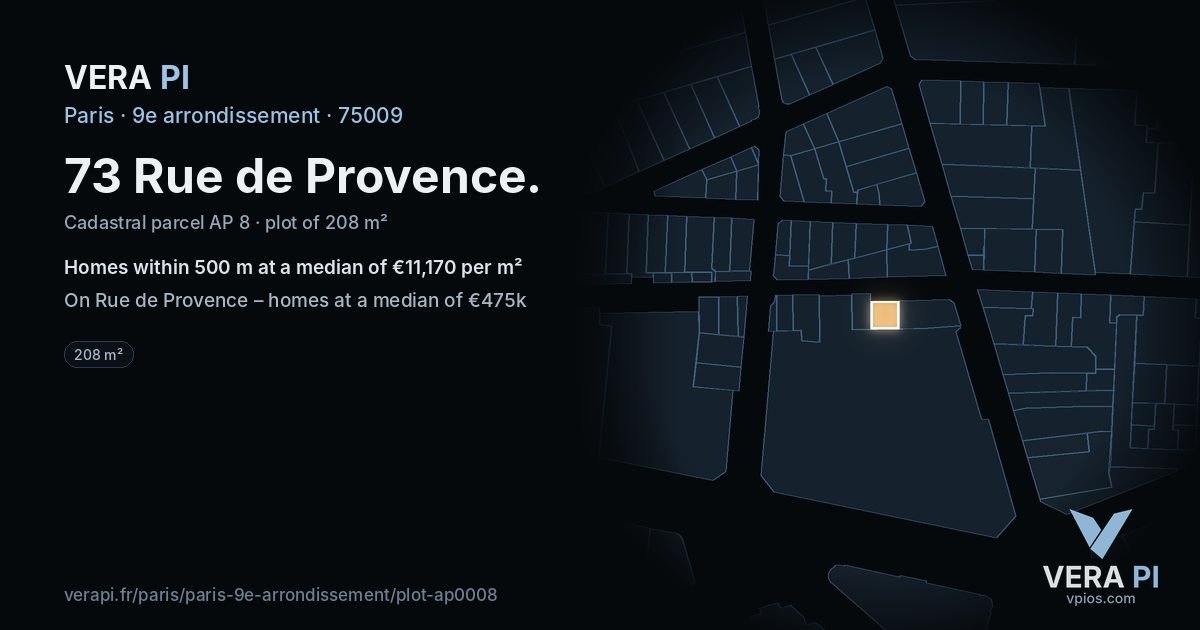 73 Rue de Provence, 9e arrondissement at night – the plot lit, the parcels around coloured by the prices near them