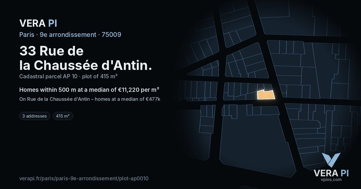 33 Rue de la Chaussée d'Antin, 9e arrondissement at night – the plot lit, the parcels around coloured by the prices near them