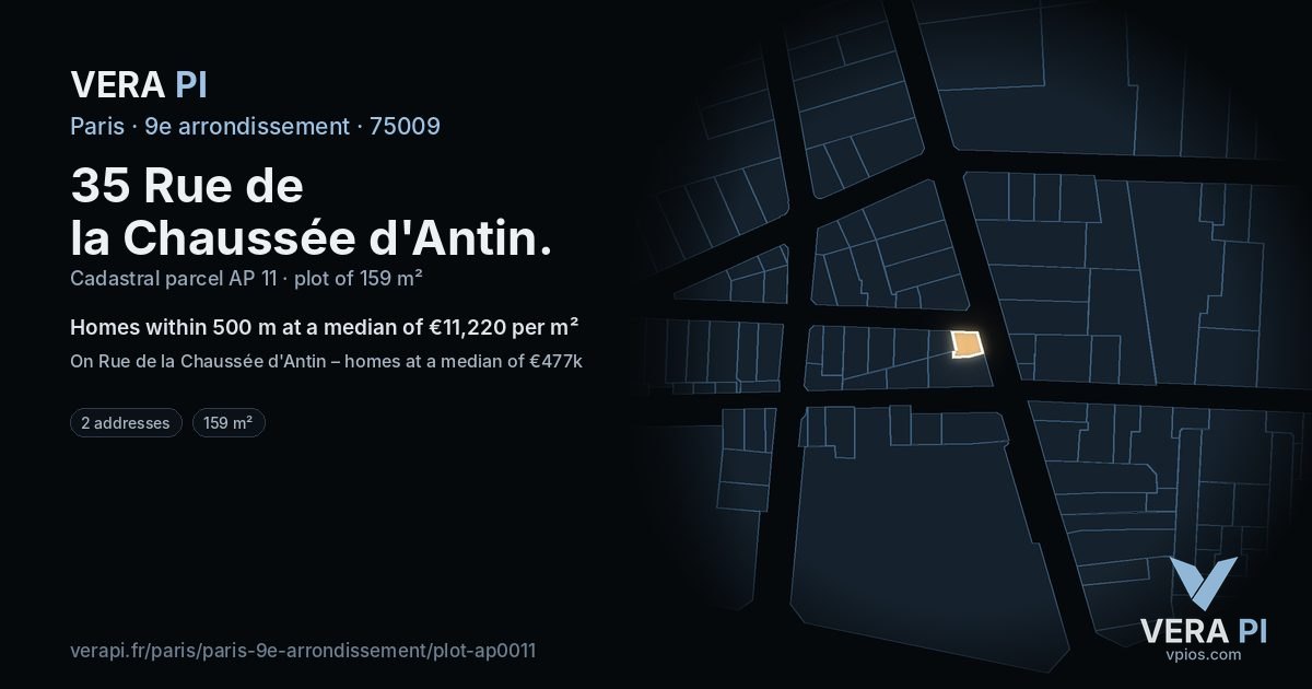 35 Rue de la Chaussée d'Antin, 9e arrondissement at night – the plot lit, the parcels around coloured by the prices near them