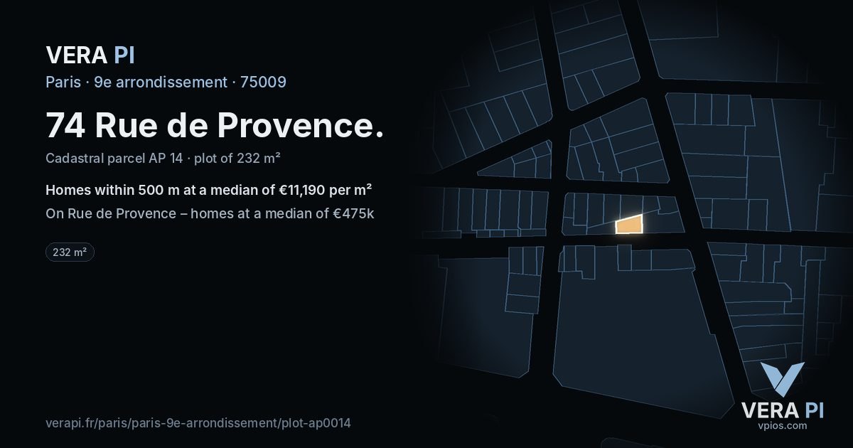 74 Rue de Provence, 9e arrondissement at night – the plot lit, the parcels around coloured by the prices near them