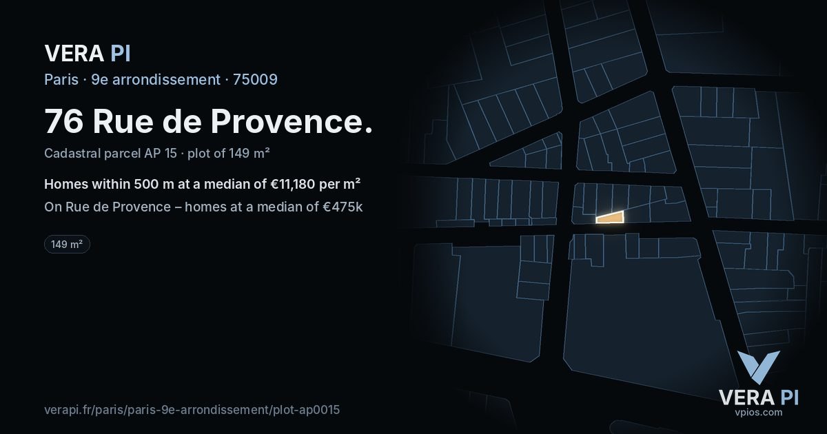 76 Rue de Provence, 9e arrondissement at night – the plot lit, the parcels around coloured by the prices near them