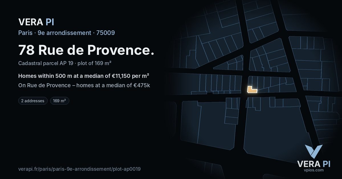 78 Rue de Provence, 9e arrondissement at night – the plot lit, the parcels around coloured by the prices near them