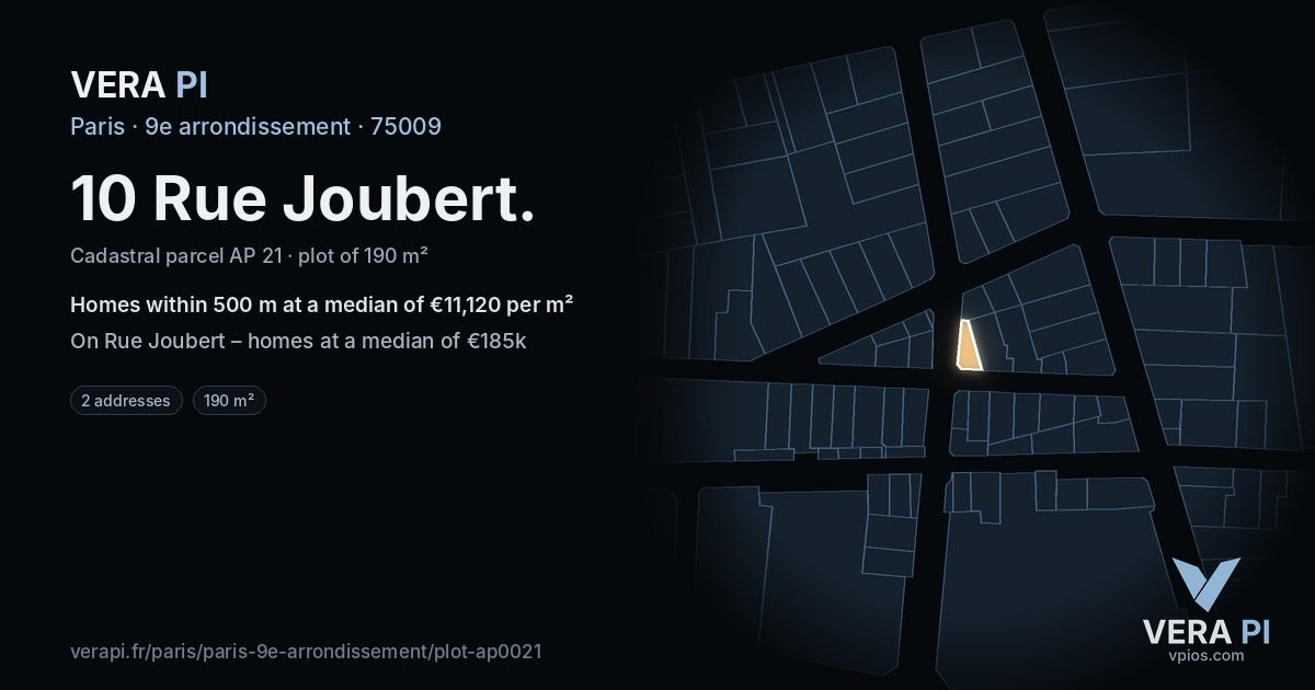 10 Rue Joubert, 9e arrondissement at night – the plot lit, the parcels around coloured by the prices near them