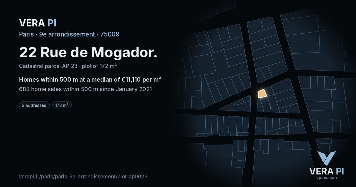 22 Rue de Mogador, 9e arrondissement at night – the plot lit, the parcels around coloured by the prices near them