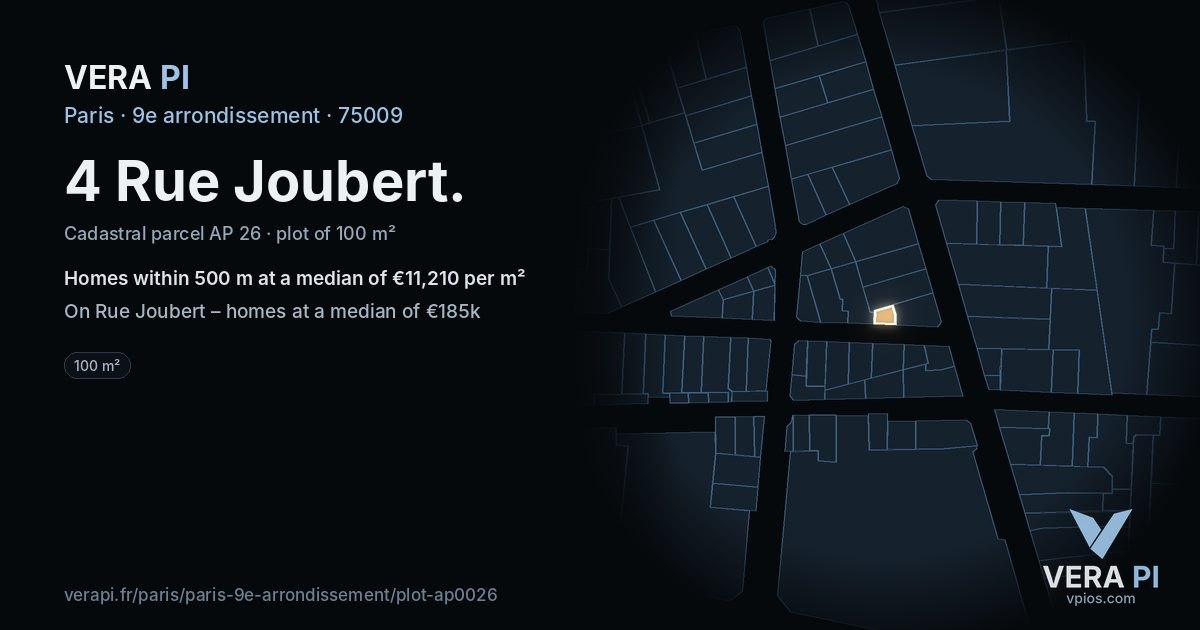 4 Rue Joubert, 9e arrondissement at night – the plot lit, the parcels around coloured by the prices near them