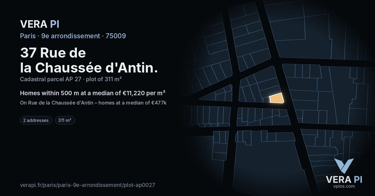 37 Rue de la Chaussée d'Antin, 9e arrondissement at night – the plot lit, the parcels around coloured by the prices near them