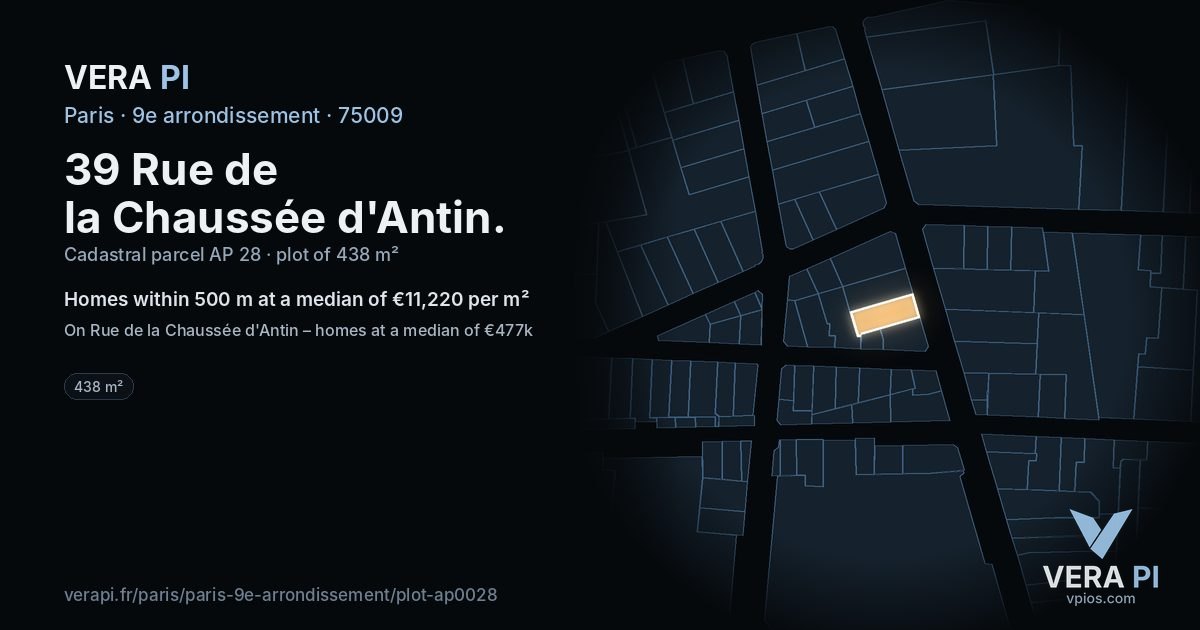 39 Rue de la Chaussée d'Antin, 9e arrondissement at night – the plot lit, the parcels around coloured by the prices near them