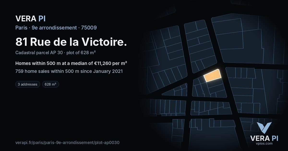 81 Rue de la Victoire, 9e arrondissement at night – the plot lit, the parcels around coloured by the prices near them