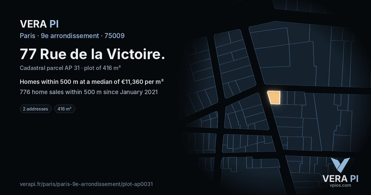 77 Rue de la Victoire, 9e arrondissement at night – the plot lit, the parcels around coloured by the prices near them