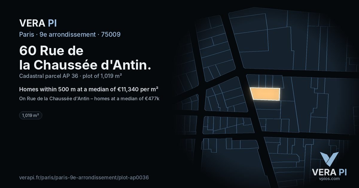 60 Rue de la Chaussée d'Antin, 9e arrondissement at night – the plot lit, the parcels around coloured by the prices near them