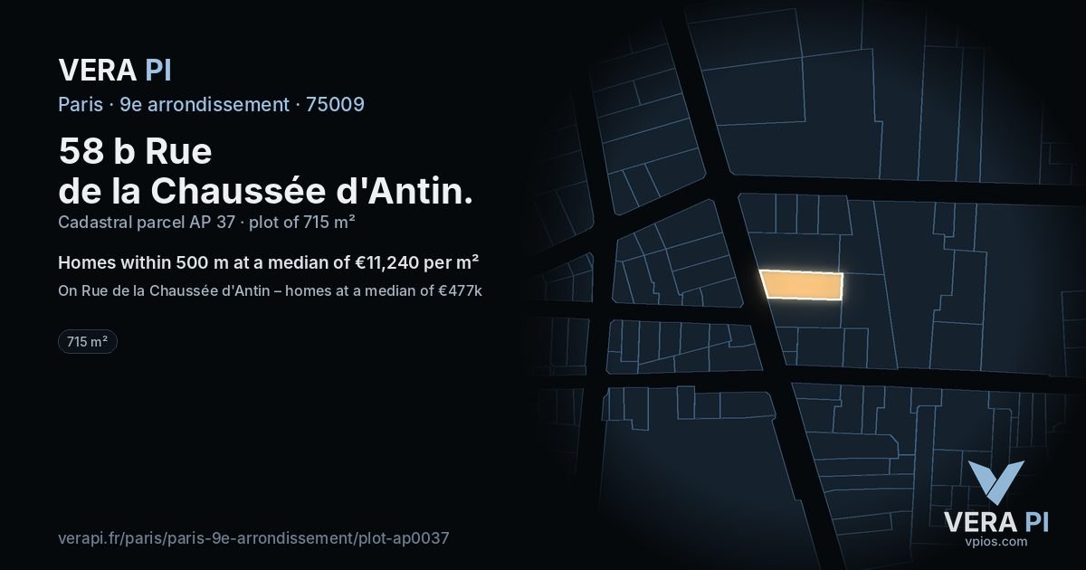 58 b Rue de la Chaussée d'Antin, 9e arrondissement at night – the plot lit, the parcels around coloured by the prices near them