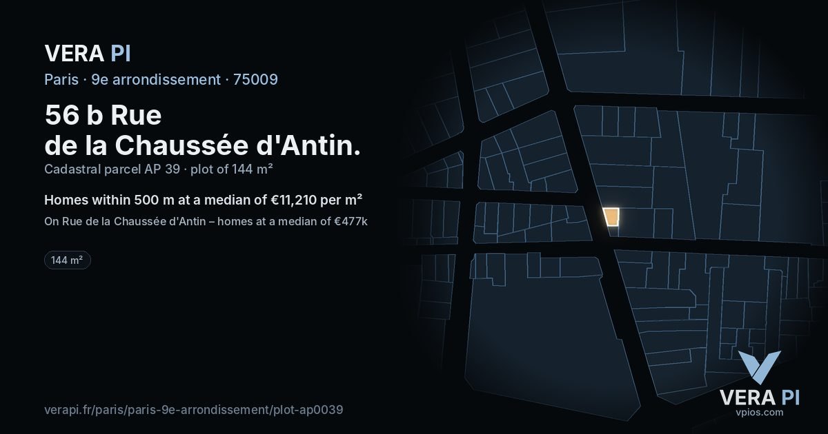 56 b Rue de la Chaussée d'Antin, 9e arrondissement at night – the plot lit, the parcels around coloured by the prices near them