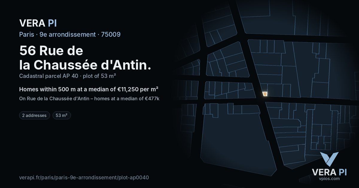 56 Rue de la Chaussée d'Antin, 9e arrondissement at night – the plot lit, the parcels around coloured by the prices near them