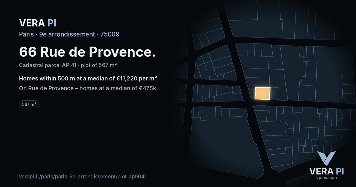 66 Rue de Provence, 9e arrondissement at night – the plot lit, the parcels around coloured by the prices near them