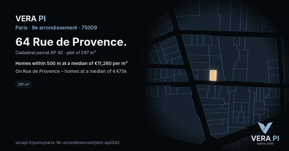64 Rue de Provence, 9e arrondissement at night – the plot lit, the parcels around coloured by the prices near them