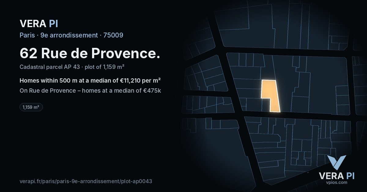 62 Rue de Provence, 9e arrondissement at night – the plot lit, the parcels around coloured by the prices near them