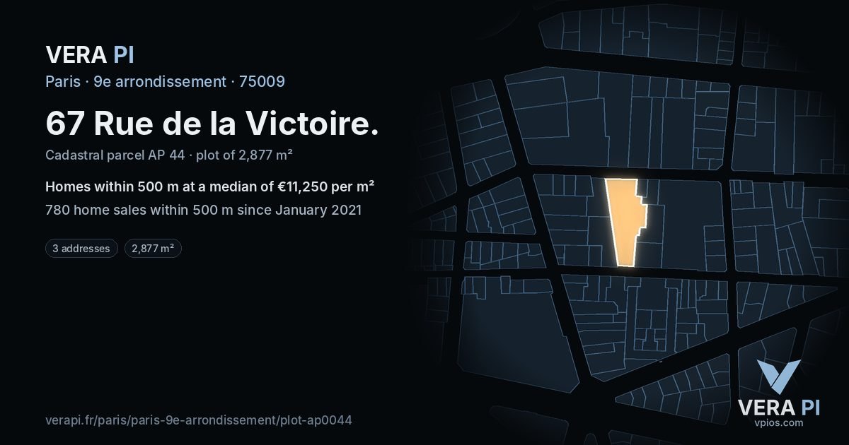 67 Rue de la Victoire, 9e arrondissement at night – the plot lit, the parcels around coloured by the prices near them