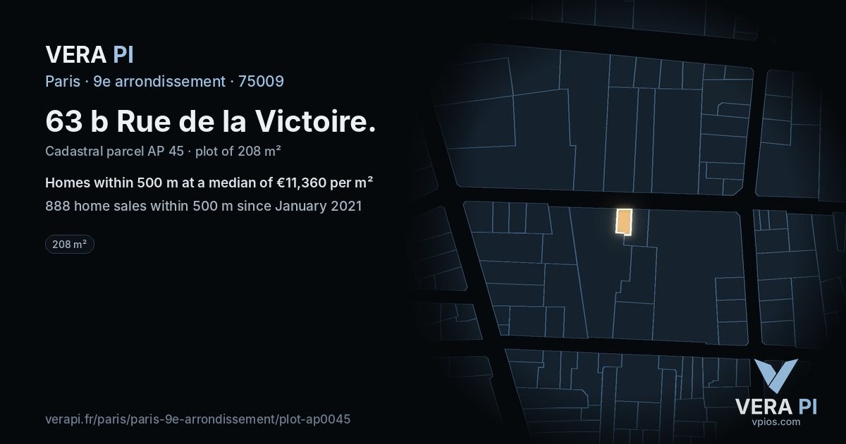 63 b Rue de la Victoire, 9e arrondissement at night – the plot lit, the parcels around coloured by the prices near them