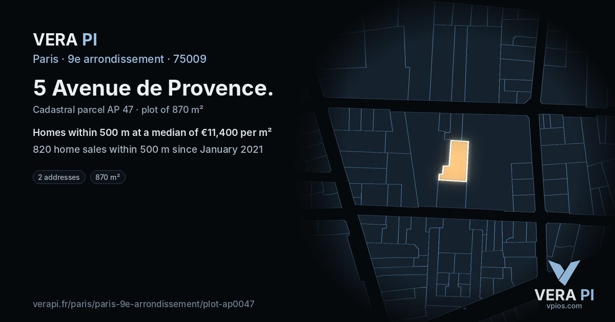 5 Avenue de Provence, 9e arrondissement at night – the plot lit, the parcels around coloured by the prices near them