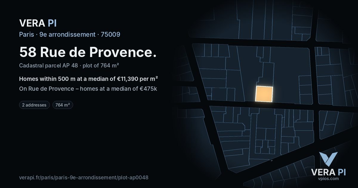 58 Rue de Provence, 9e arrondissement at night – the plot lit, the parcels around coloured by the prices near them