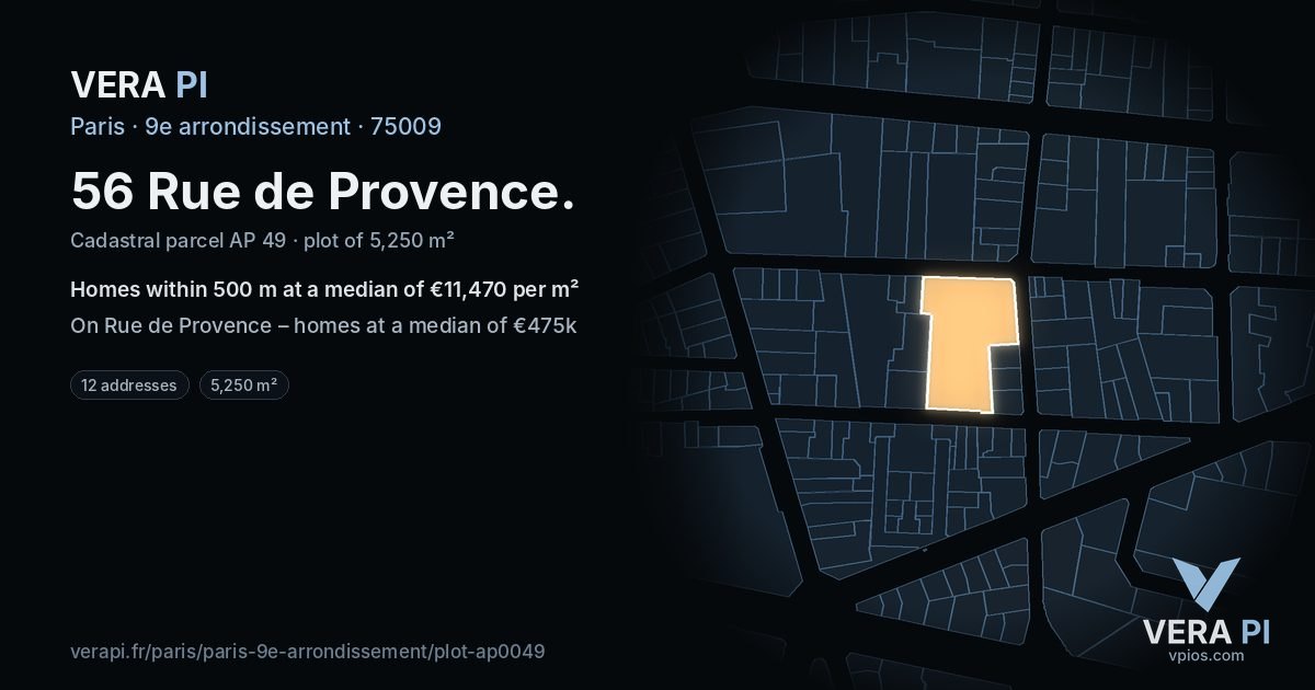 56 Rue de Provence, 9e arrondissement at night – the plot lit, the parcels around coloured by the prices near them
