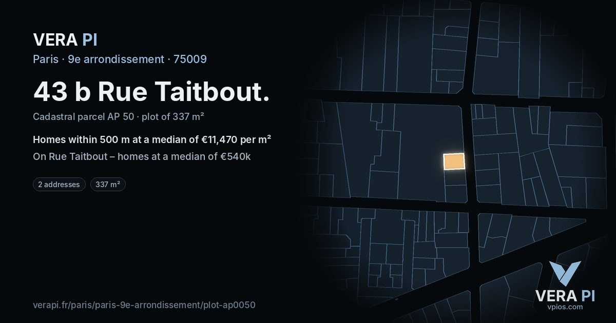 43 b Rue Taitbout, 9e arrondissement at night – the plot lit, the parcels around coloured by the prices near them