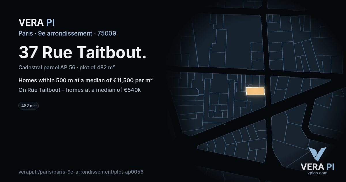 37 Rue Taitbout, 9e arrondissement at night – the plot lit, the parcels around coloured by the prices near them