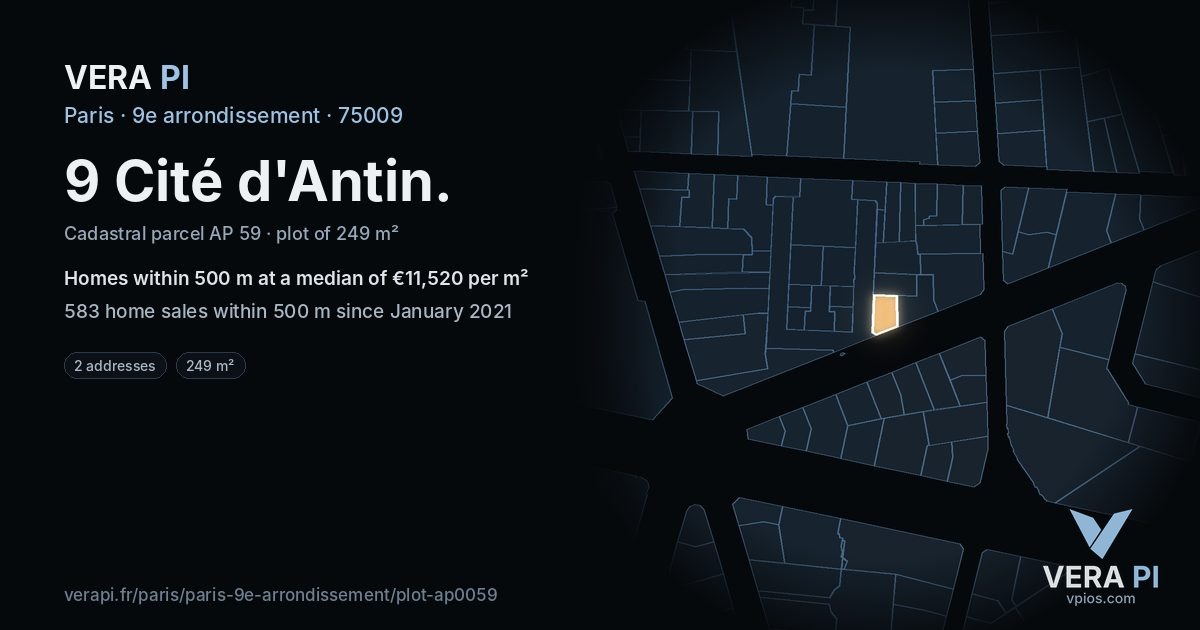 9 Cité d'Antin, 9e arrondissement at night – the plot lit, the parcels around coloured by the prices near them