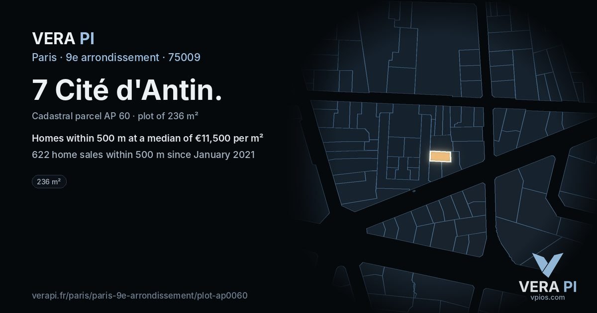 7 Cité d'Antin, 9e arrondissement at night – the plot lit, the parcels around coloured by the prices near them