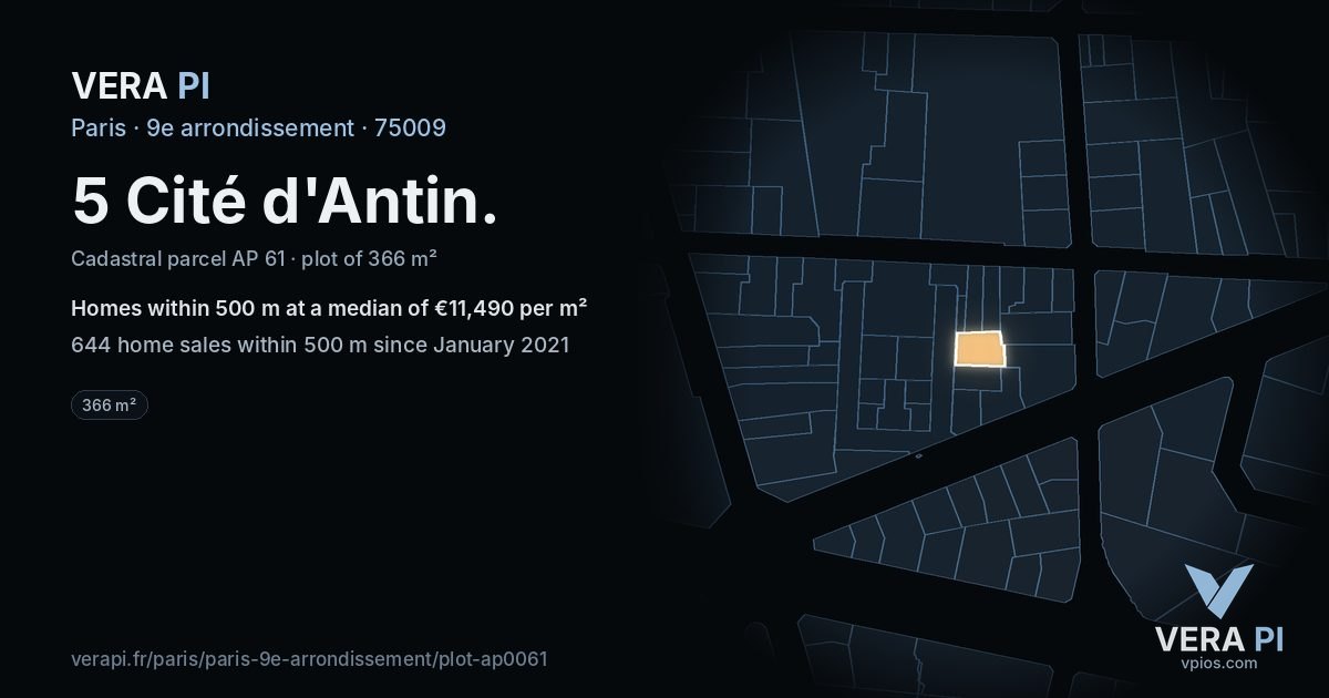 5 Cité d'Antin, 9e arrondissement at night – the plot lit, the parcels around coloured by the prices near them
