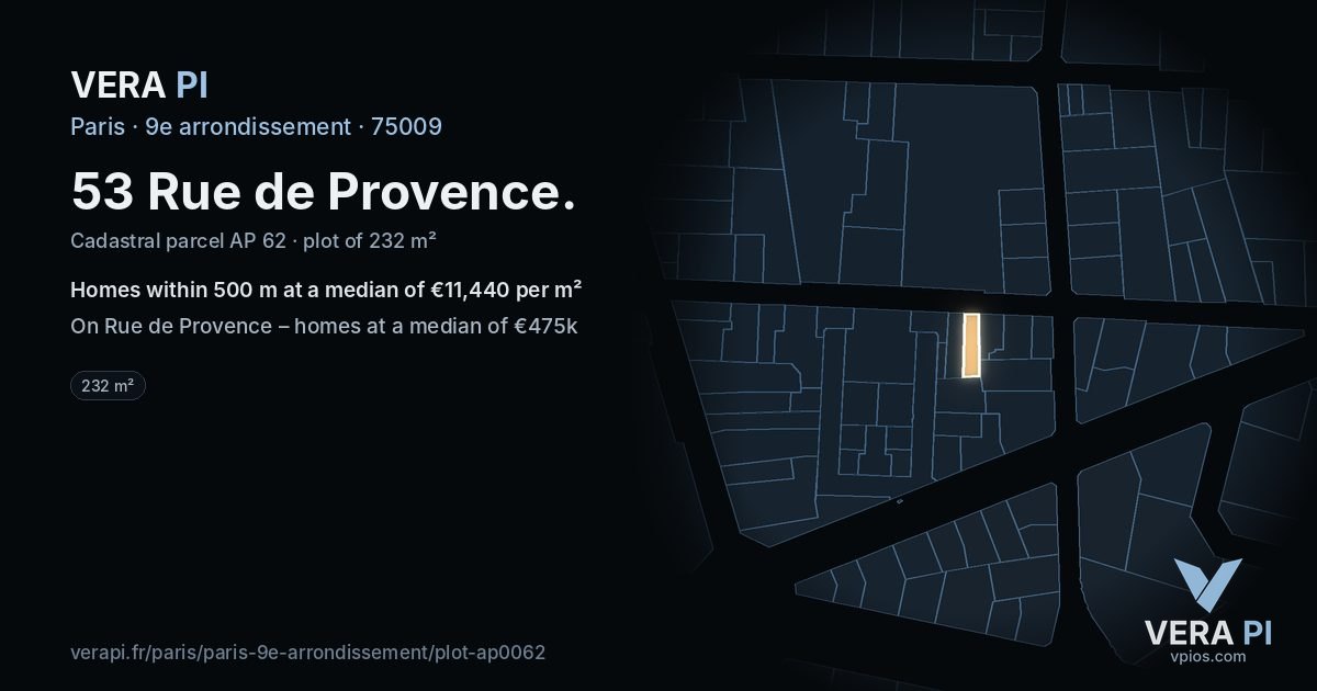 53 Rue de Provence, 9e arrondissement at night – the plot lit, the parcels around coloured by the prices near them