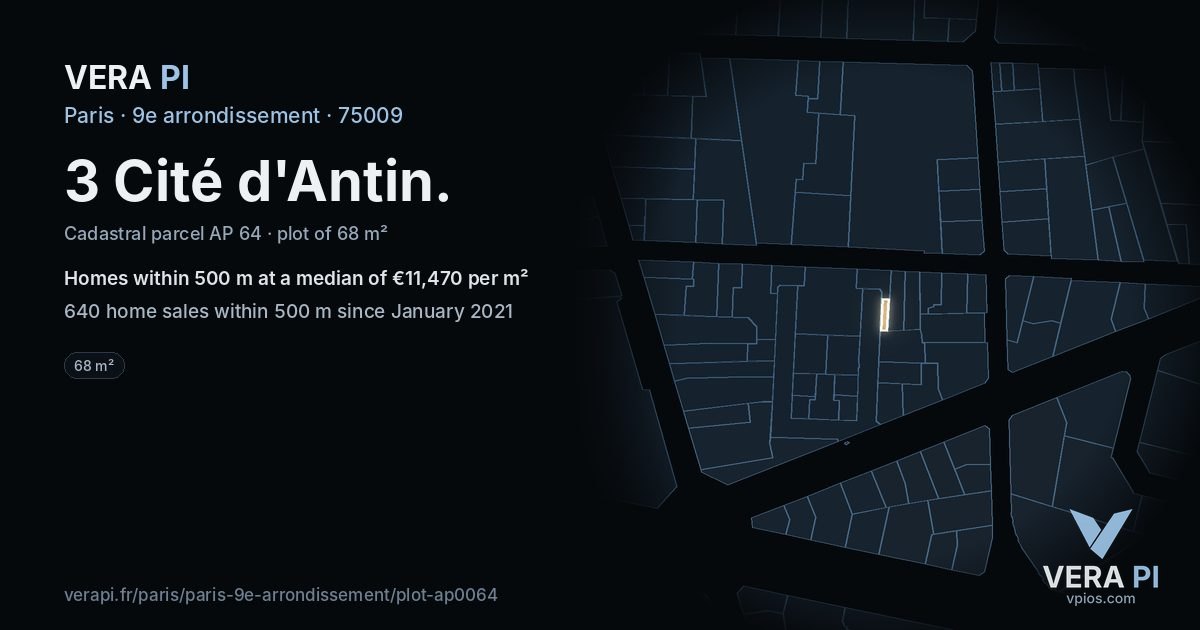 3 Cité d'Antin, 9e arrondissement at night – the plot lit, the parcels around coloured by the prices near them
