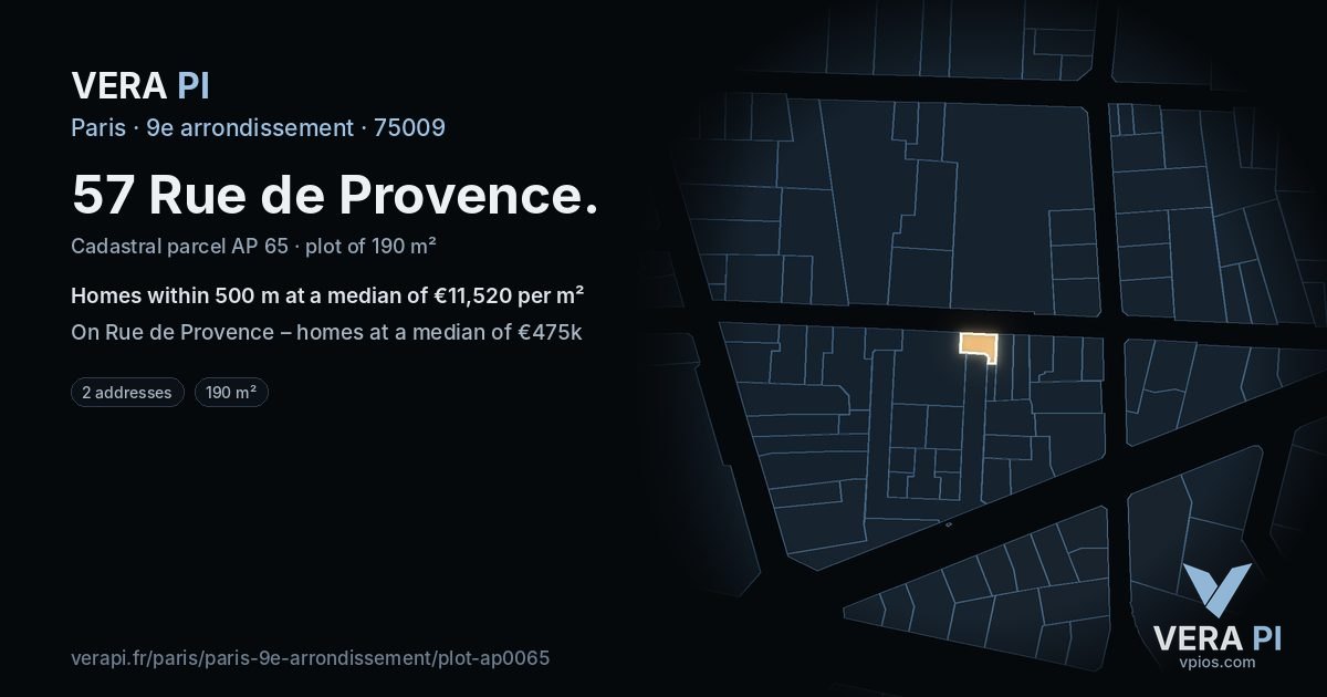 57 Rue de Provence, 9e arrondissement at night – the plot lit, the parcels around coloured by the prices near them