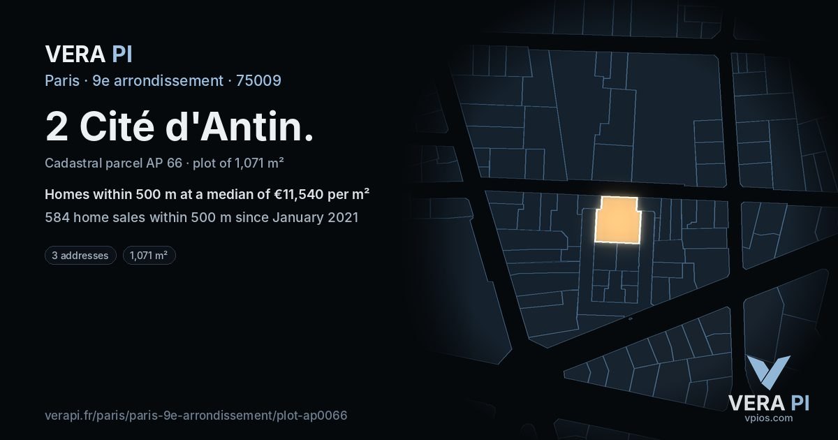 2 Cité d'Antin, 9e arrondissement at night – the plot lit, the parcels around coloured by the prices near them