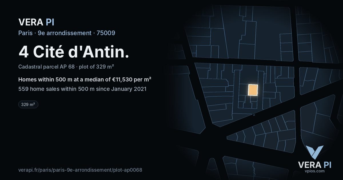 4 Cité d'Antin, 9e arrondissement at night – the plot lit, the parcels around coloured by the prices near them