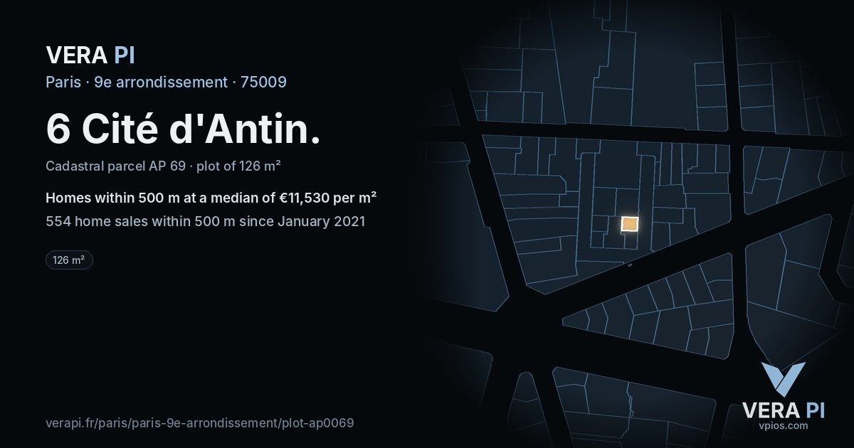6 Cité d'Antin, 9e arrondissement at night – the plot lit, the parcels around coloured by the prices near them