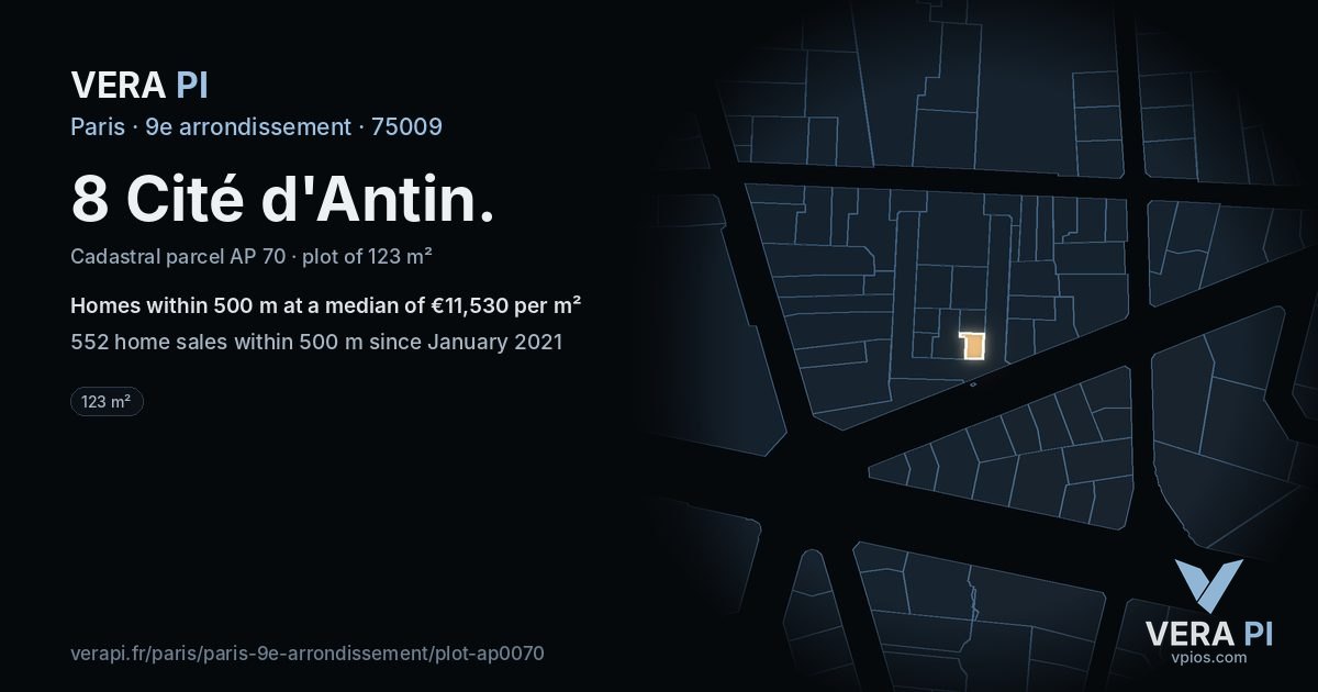 8 Cité d'Antin, 9e arrondissement at night – the plot lit, the parcels around coloured by the prices near them