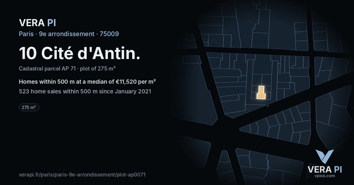 10 Cité d'Antin, 9e arrondissement at night – the plot lit, the parcels around coloured by the prices near them