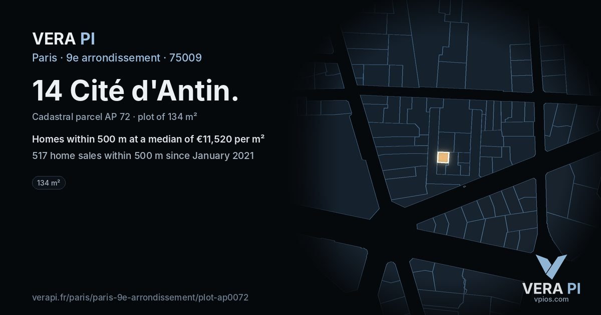 14 Cité d'Antin, 9e arrondissement at night – the plot lit, the parcels around coloured by the prices near them