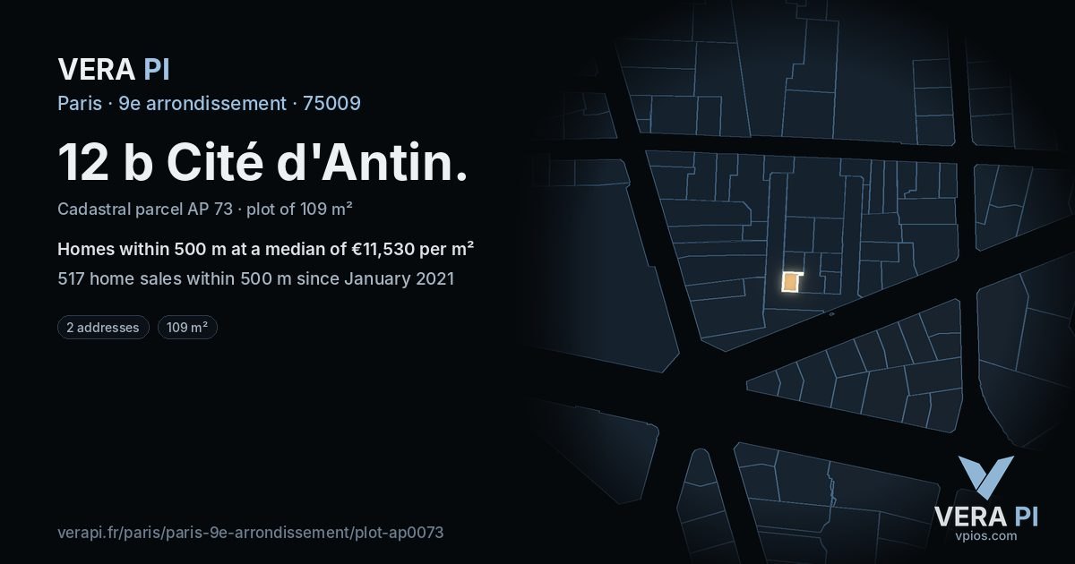 12 b Cité d'Antin, 9e arrondissement at night – the plot lit, the parcels around coloured by the prices near them